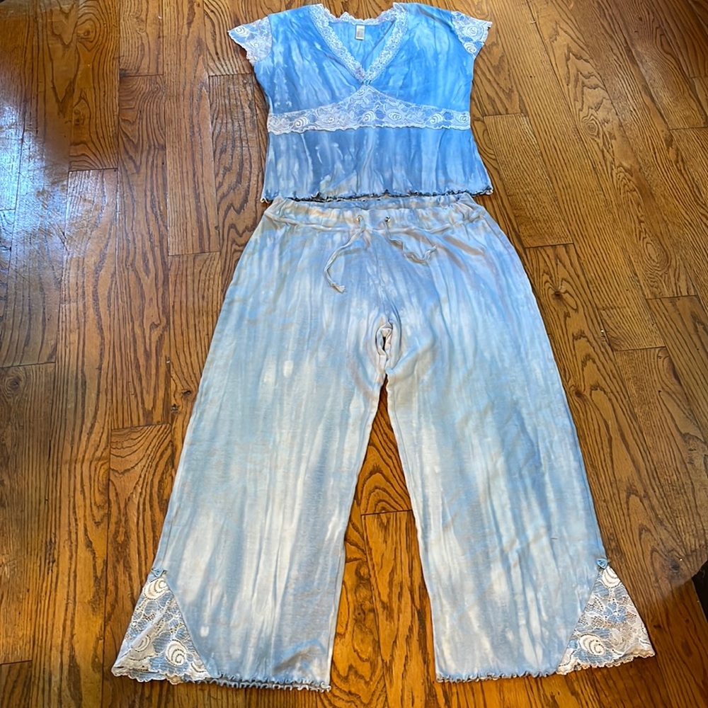 Vintage Claire Pettibone Dream Tie Dye Loungewear Capris Set Med Blue Like New
